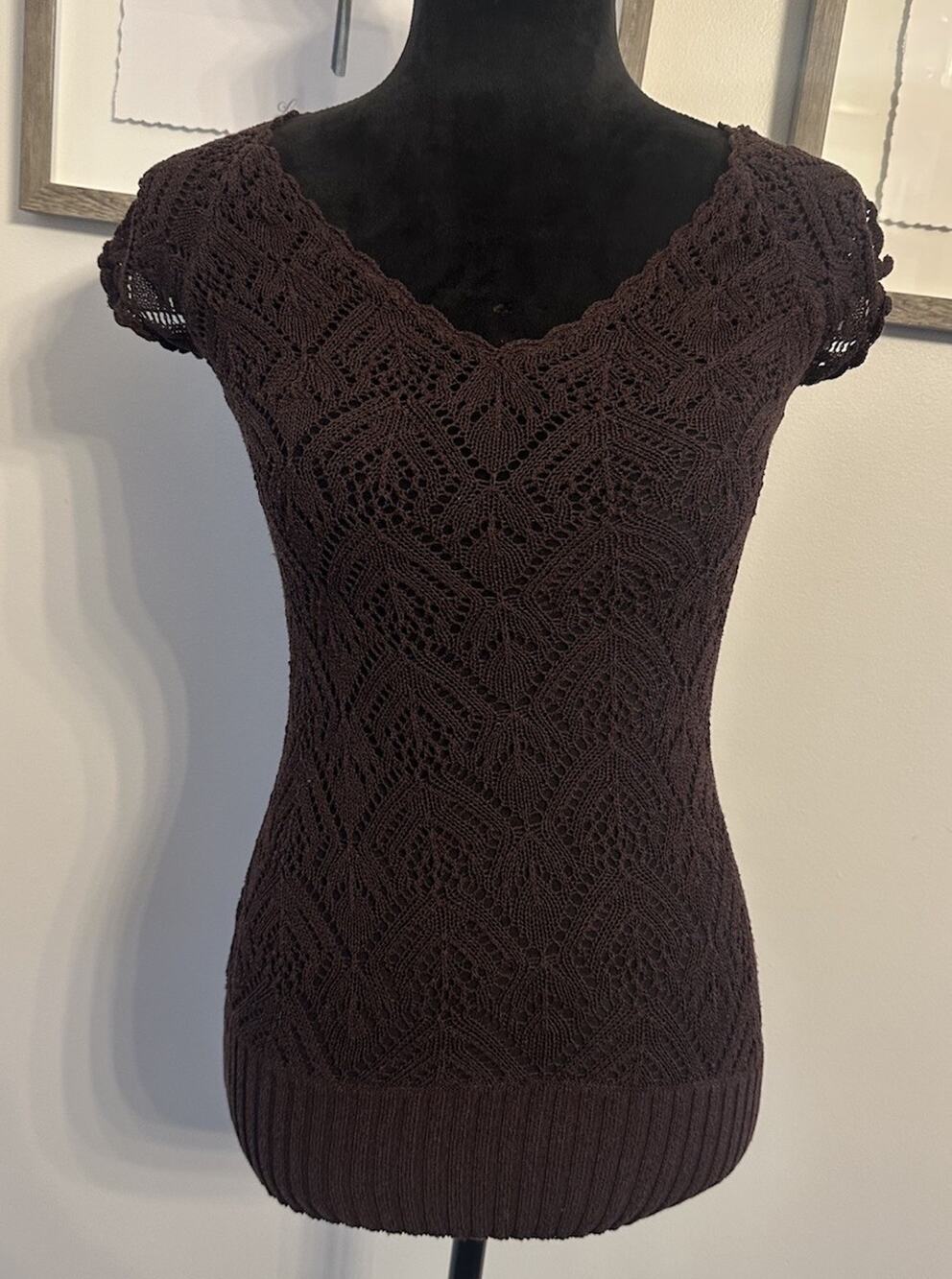 Vintage Y2K Candies Knit Crochet Sweater Short Sleeve SizeLarge Brown Silk Blend